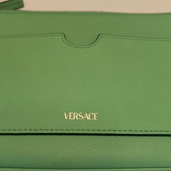 Versace Zip Top Medusa Emblem Wristlet Clutch Lime Green Leather Luxury - Picture 5 of 13